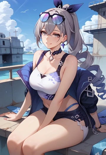 star rail,silver wolf,sleeveless swim top,shorts-style bottom,contrast stitching  - AI generated anime art